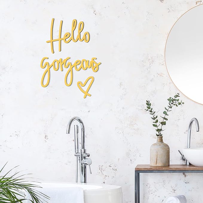 Blulu Hello Gorgeous Wall Decor Sign Hello Gorgeous Wall Art Minimalist Wooden Words Decor for Lash Room, Salon, Vanity or Makeup Room, Bathroom, Bedroom, Office(Gold)