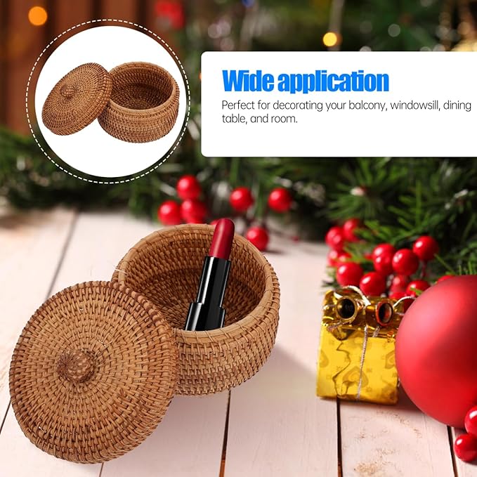 ULTNICE Round Rattan Storage Box with Lid - Hand Woven Rattan Basket for Desktop or Decorative Use
