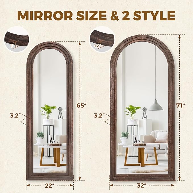 65"x22" Arched Floor Mirror, Solid Wood Full Length Mirror - Free Standing & Wall Mounted - Elegant Design for Bedroom, Dressing Room, Hallway, Brown
