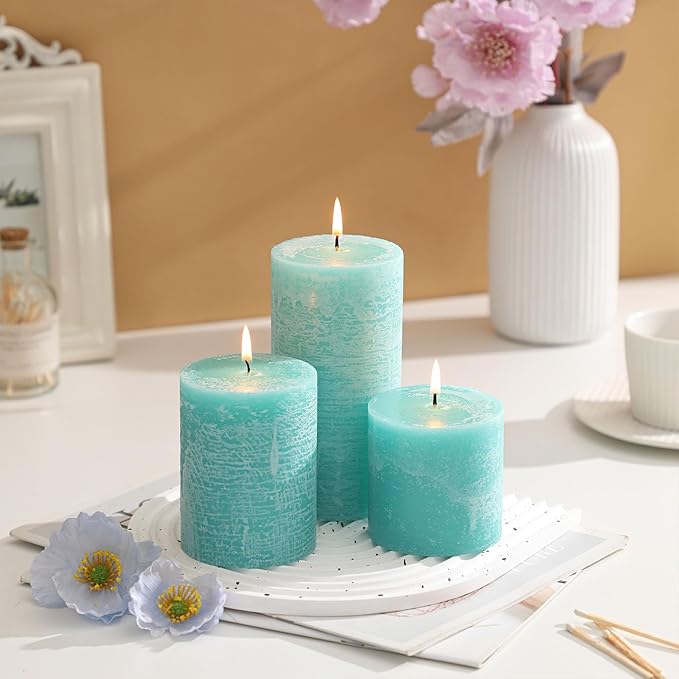 3x6 Inch Turquoise Pillar Candles Set of 3 - Unscented Candles, Long Clean Burning, Large Big Candles, Smokeless Dripless Pillar Candles for Dinner Table, Wedding, Home, Bathroom, Rustic Decor