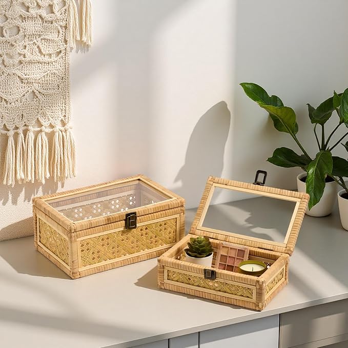 2PCS Decorative Rattan Box Set with Clear Glass Lid Wooden Frame Handmade Boho Natural Wicker Basket Woven Cane Bin Keepsake Memory Jewelry Organizer Rectangular Desk Shelf Closet Container
