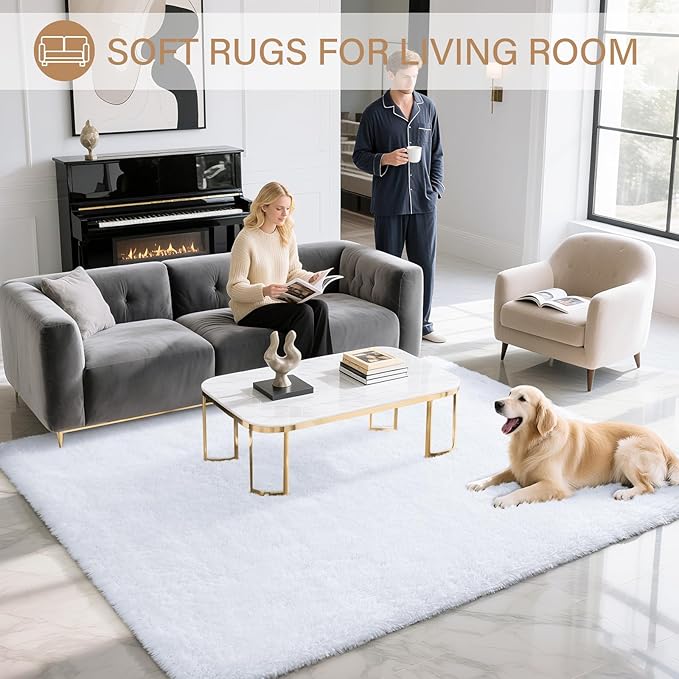 BENRON Fluffy White Rugs for Living Room Bedroom 4x6, Soft Plush Fuzzy Shaggy Rugs for Kids Girls Boys Room Decor, Washable Indoor Floor Carpets