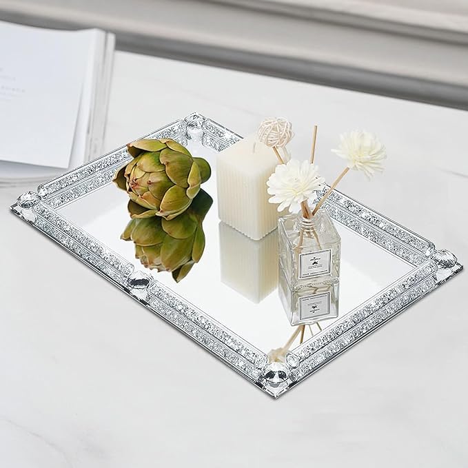 Large Crystal Tray, Glass Mirror Modern Jewelry Trinket Trays with Crushed Diamond, 15.7" x 11.8" Rectangular Makeup Perfume Tray for Bathroom Bedroom, Home Decor, Hotel Banquet, Party (Silver C)