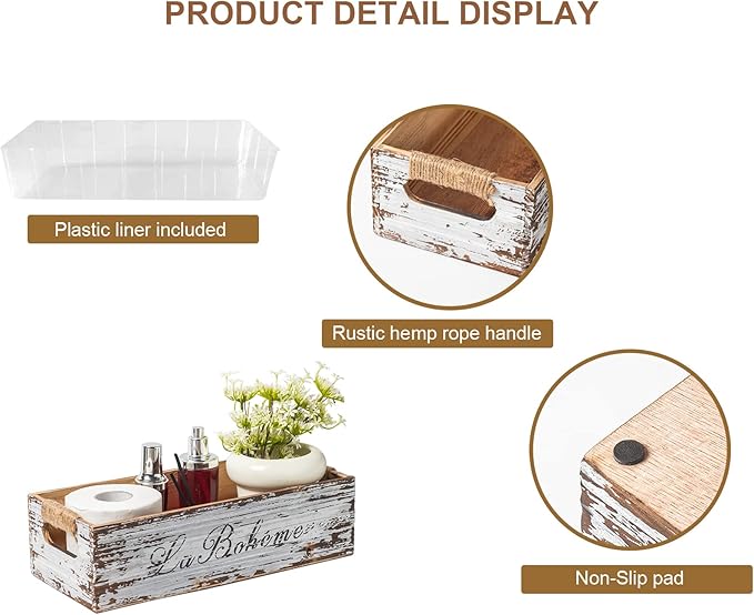TIMRIS Farmhouse Distressed Wooden Storage Box, Rustic Bathroom Decor Box, Decorative Toilet Tank Basket, Vintage Countertop Organizer Box with Handles (Distressed White)