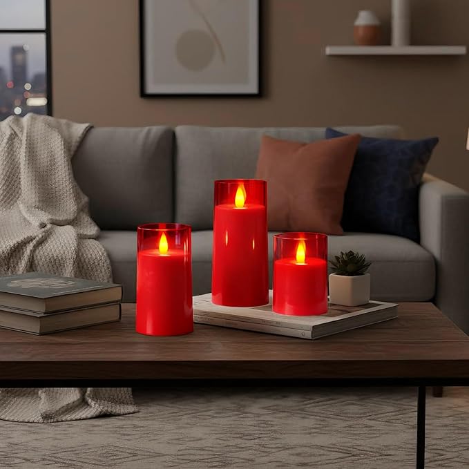 Raycare Flameless Electronic Pillar Candles with Remote Control and Timer- Battery Operated Realistic Flickering LED Fake Candle for Home, Wedding, Valentine's Day Decor,Red,Set of 3(3"x4"5" 6")