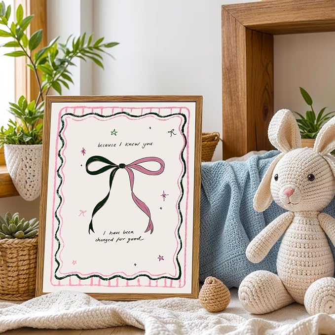 Framed Pink Bow Wall Art, Coquette Preppy Canvas Wall Decor Pictures, Trendy Inspirational Quote Paintings Prints Girly Home Decor Aesthetic for Girls Room Bedroom Dorm 12x16 inch