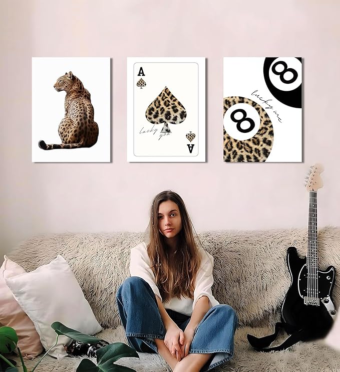 Trendy Leopard Canvas Wall Art Set of 3 - Cheetah Prints Wall Decor Pictures, Funky Lucky You 8 Ball Poster Preppy Aesthetic Paintings, for Girls Bedroom Dorm Apartment 16x24 inch Framed