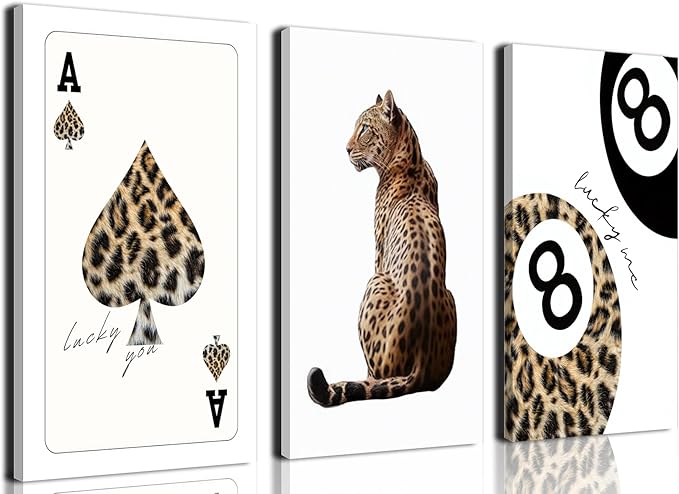 Trendy Leopard Canvas Wall Art Set of 3 - Cheetah Prints Wall Decor Pictures, Funky Lucky You 8 Ball Poster Preppy Aesthetic Paintings, for Girls Bedroom Dorm Apartment 12x16 inch Framed