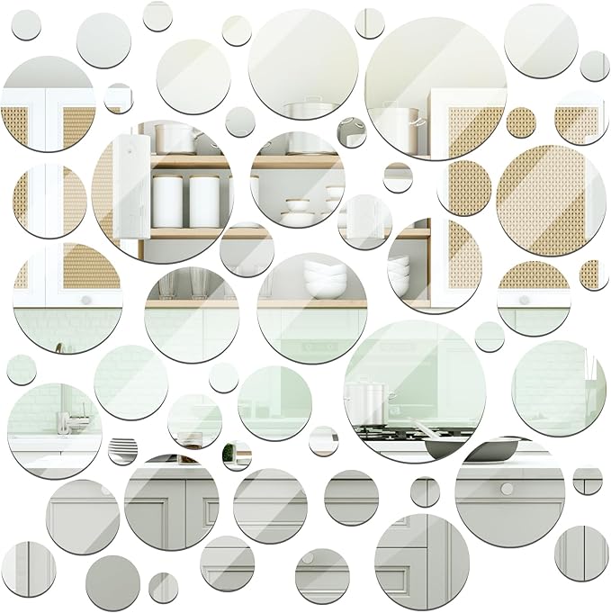 Jetec Real Glass Round Mirror Tiles Frameless Wall Glass Tiles Round Wall-Mount Mirrors with Acrylic Double Sided Adhesive for Bedroom Bathroom Craft