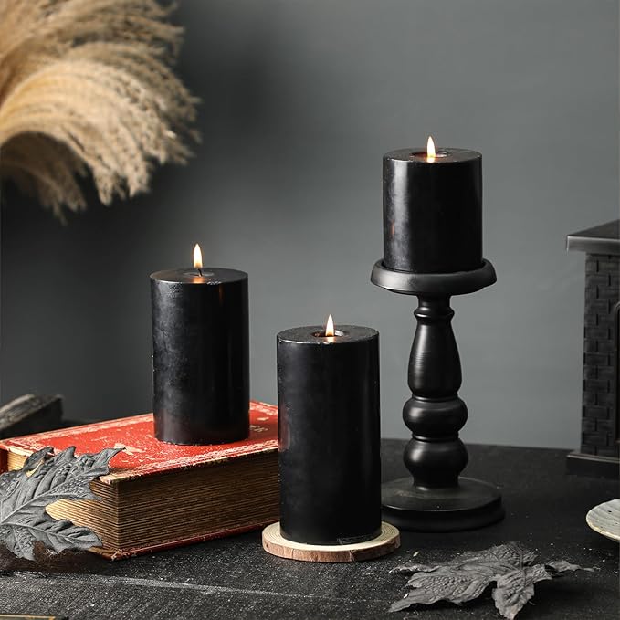 Black Pillar Candles Set of 3, Black Candles for Punk Decorations, Width 3" High 4" 5" 6" Unscented Smokeless Soy Wax Candle, Suitable for Gothic, Industrial, Minimalist and Dark Style Candle