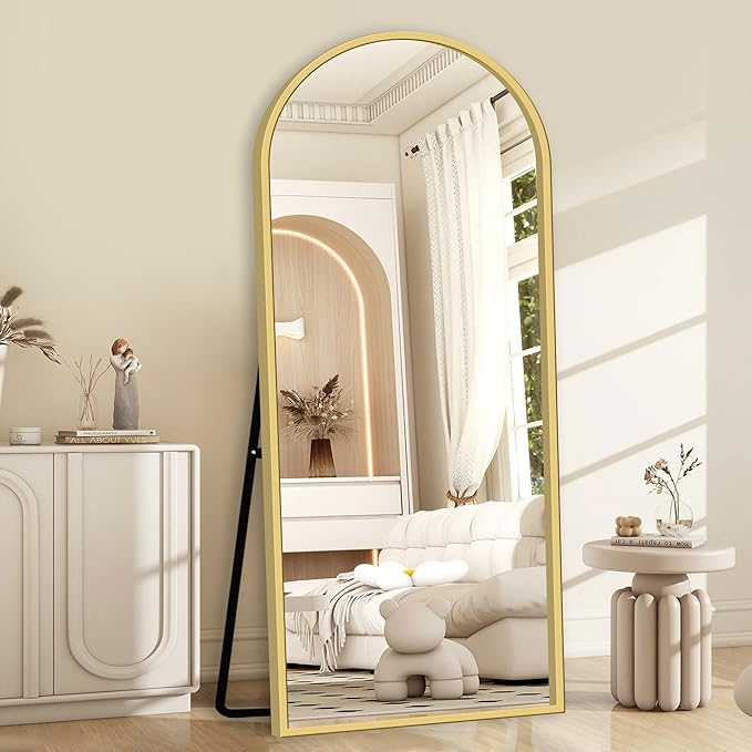 GlasFlength Full Body Mirror with Stand, 71" x 32" Arched Full Length Mirror with Aluminum Alloy Frame Wall-Mounted/Leaning Against Wall/Floor Standing Mirror for Home Decor, Gold