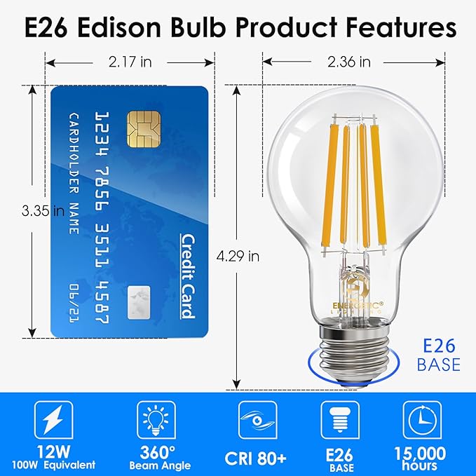 Energetic Dimmable A19 LED Edison Light Bulb, 12W Equivalent 100W, 1600LM High Brightness, 2700K Soft White, Clear Antique LED Filament Bulb for Home, Bathroom, E26 Standard Base, 4-Pack