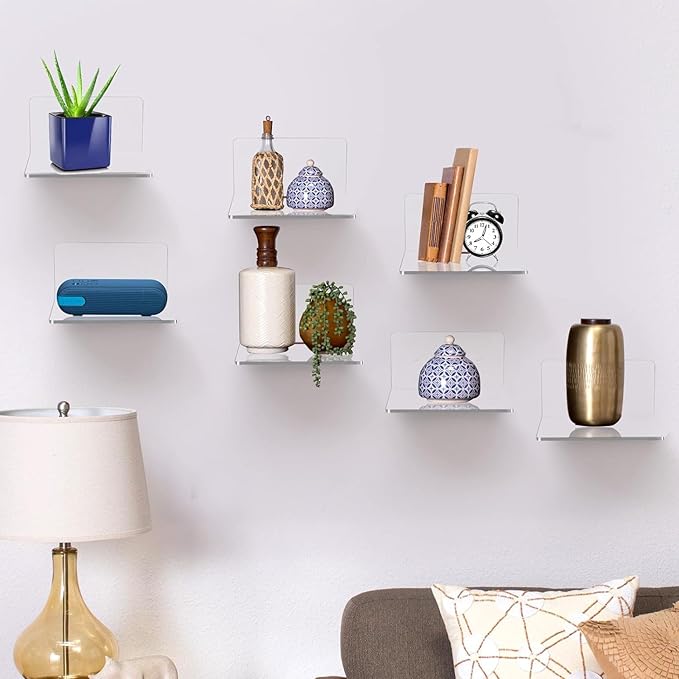 8 Pack Small Wall Shelf, 4'' Acrylic Shelves Display Ledges for Storage & Decoration, Small Floating Shelf for Wall with 2 Types of Installation (Adhesive or Screw)