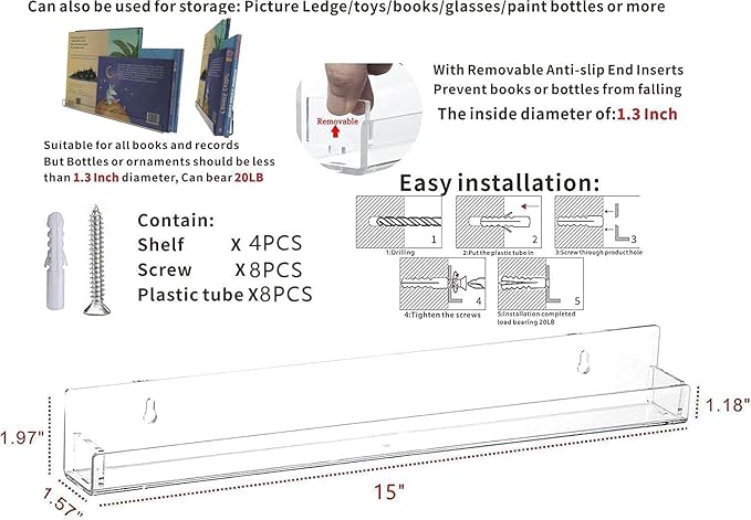 SuoXing 4 Pack Acrylic Clear Floating Bookshelf for Kids Room,15" Invisible Wall Bookshelves Ledge Book Shelf,U Modern Picture Ledge Display Toy Storage Vinyl Record Wall Shelf and Organizer Decor