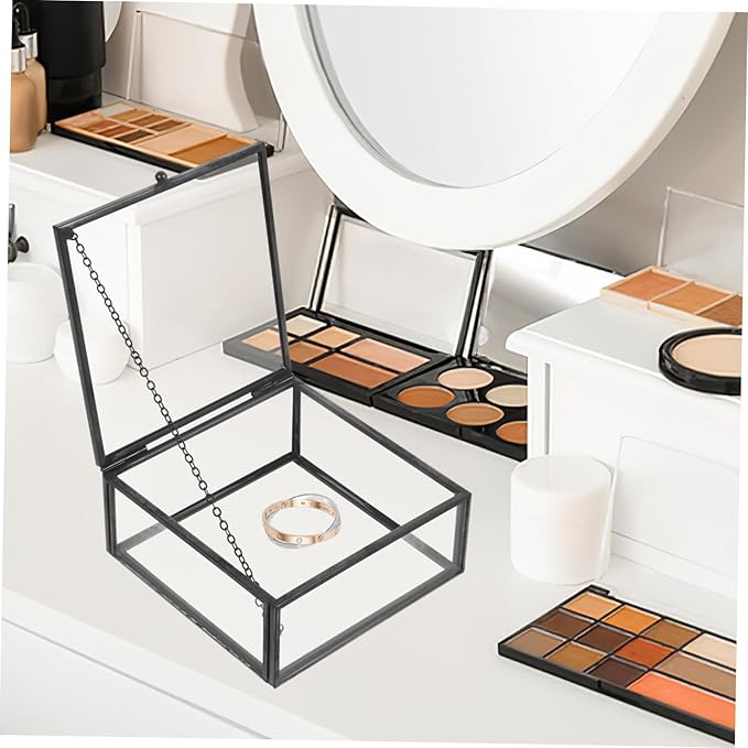 Levemolo Alloy Frame Glass Jewelry Storage Box Sealing Glass Case Lid for Women Decorative Ring Storage Cases Home Cosmetics Organizer
