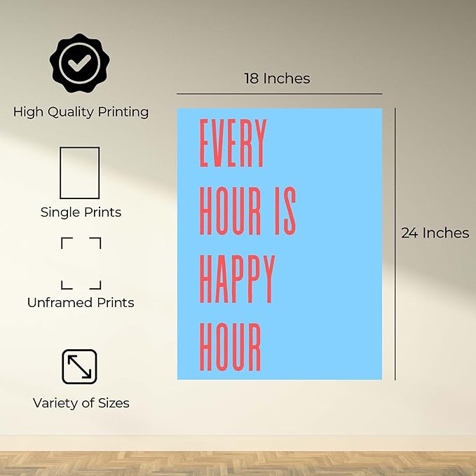 InkFlow Posters Every Hour Happy Hour Poster - Modern Typography Quote Art - Blue Red Minimal Design - Kitchen Bar Wall Decor Accent - Contemporary Home Print - 18x24 Unframed Canvas Print