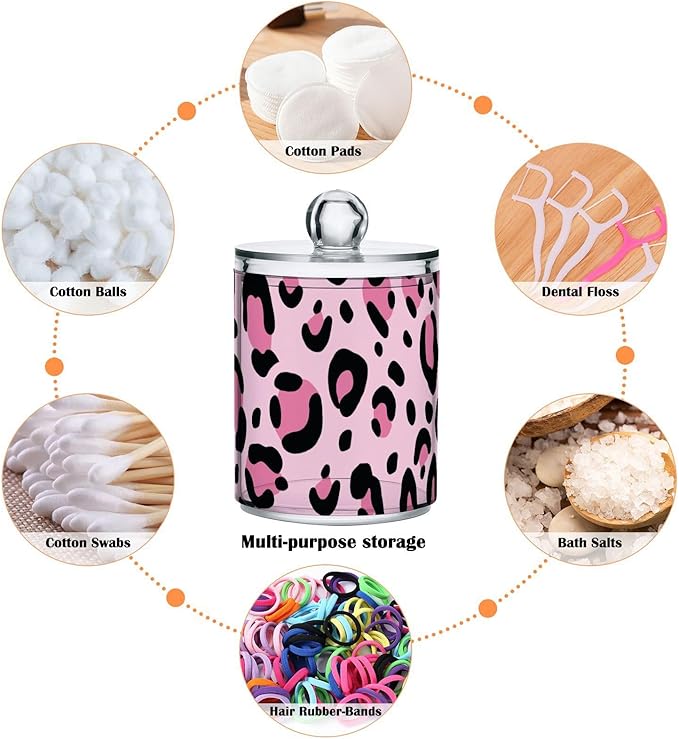 4 Pack Qtip Holder Dispenser Pink Leopard Print Cheetah Cotton Ball Swab Round Pads Floss Clear Bathroom Storage Containers Plastic Apothecary Jars with Lids