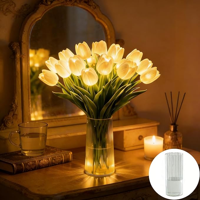 Radiant Romantic Tulip Light with a Vase, 15 PCS Twinkling Tree Tulips Led Night Light that Never Fade, Flower Shaped Ambient Night Lamp for Bedroom Bedside Decor & Gift (White(with Vase))