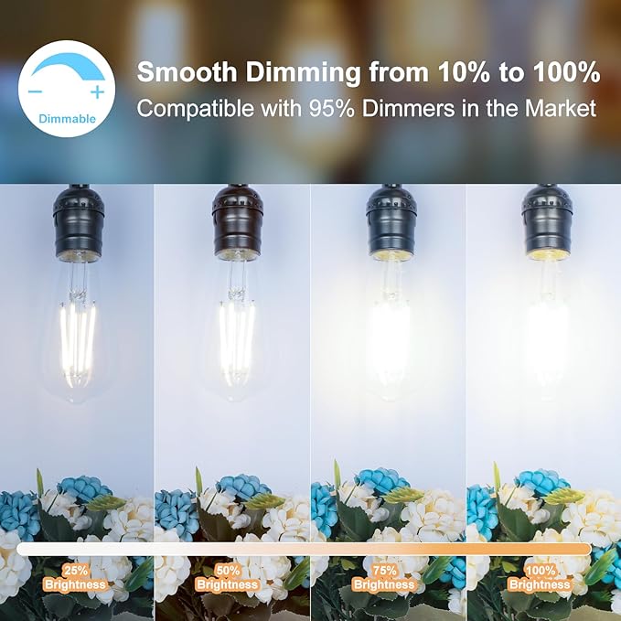 PARTPHONER LED Light Bulbs Dimmable Vintage Edison Bulb, E26 LED Bulb 60W Equivalent 720 Lumens, Daylight 5000K, ST58 Antique LED Filament Bulb CRI 85+, Clear Glass, Pack of 12