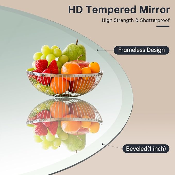 Frameless Round Mirror 28 Inch, Round Mirror with 1 inch Beveled Edge, Beveled Bathroom Mirrors for Vanity, Living Room, Entryways