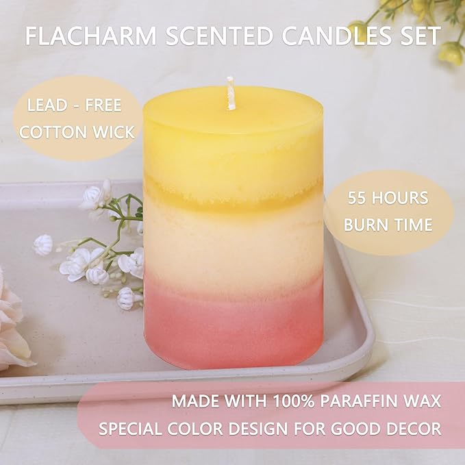 Sweet Scented Candles 3x4 Inch Pillar Candle Honeysuckle Scented Layered Yellow White Pink Aesthetic Decorative Candle for Living Room Bathroom Emergency Spa Aroma Birthday Gift Party Decor, Set of 3