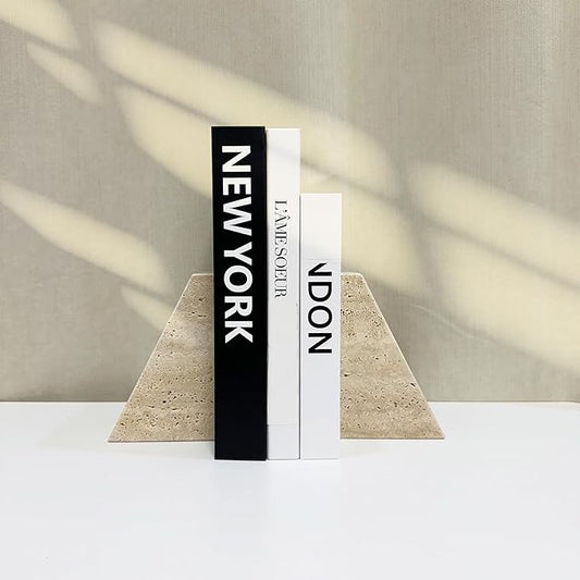 1 Piece Modern Travertine Bookend, Trapezoidal Design, Natural Stone Book Holders for Desk and Shelf (Trapezoidal - 1 piece)