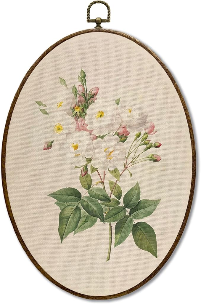 JQF Noisette Rose Floral Oval Wall Decor, Cottagecore Antique Floral Oval Canvas Wall Art, Neutral Botanical Antique Flower Framed Prints Hanging Decor for Home Bedroom Living Room, 8.5x11.5 Inch