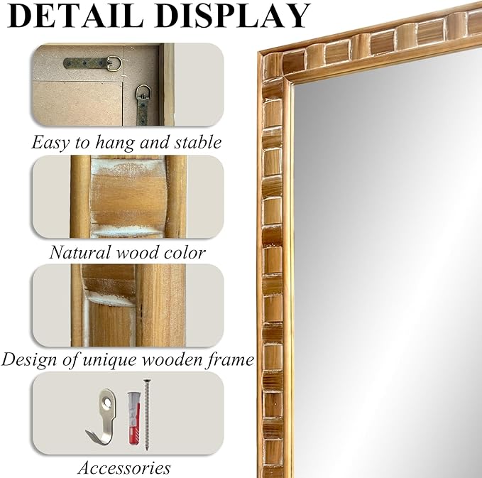 POZINO Rustic Wood Mirror, 24"X36" Farmhouse Bathroom Mirror for Over Sink, Natural Wooden Rectangle Wall Mirrors for Living Room Entryway Bedroom Hallway Fireplace, Horizontal Or Vertical