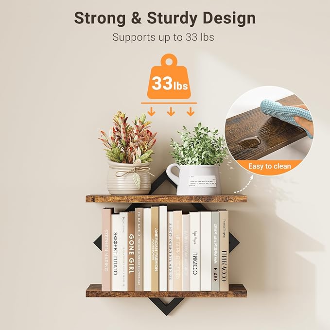 ELYKEN Floating Shelves for Wall, Set of 3 Hanging Shelves, 2-Tier Wall Mounted Storage Shelves for Books & Decor, Perfect for Living Room, Bedroom, Kitchen, Home Office, Study, Rustic Brown