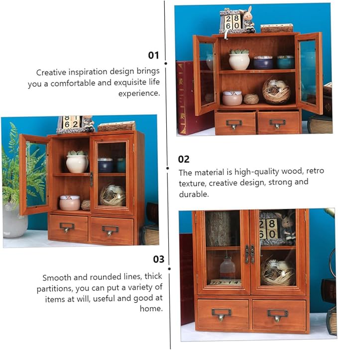 Ipetboom Storage Cabinet for Makeup and Sundries Wooden Dressing Table Organizer with Drawer Design Capacity Sundries Holder for Bedroom and Bathroom Use Retro Style