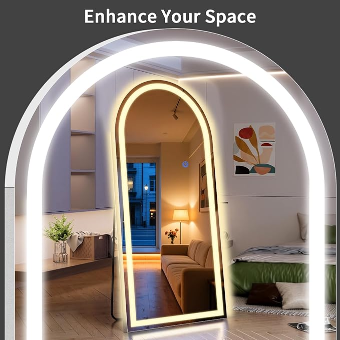Arch Full Length Standing Mirror with LED Lights, 71"x32" Lighted Mirror with Dimming & 3 Color Lighting, Tall Mirror Full Body for Bedroom, Dressing Room