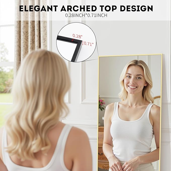 Aluminum Frame Mirror, 59"x16" Full Length Mirror with Stand, Free Standing Leaning Mirror Hanging Mounted Mirror for Bathroom Living Room, Gold