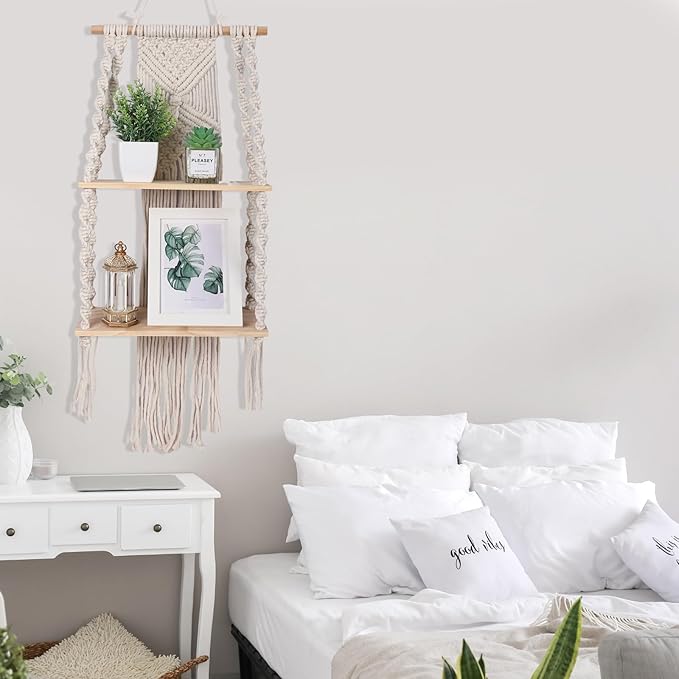 Barydat 1 Pack Macrame Wall Hanging Shelf 2 Tier Handmade Boho Hanging Wall Shelf Floating Woven Rope Decorative Storage Racks Holder Organizer for Home Bedroom Bathroom Plants, Beige (Classic)