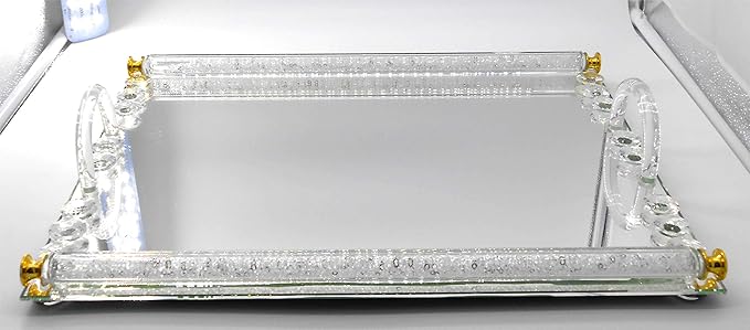 Rectangle mirrored and crystal tray cosmetic Makeup tray Jewelry trinket tray Organizer Vanity tray Mirrored Decorative tray Dresser Desert or cookie tray Perfume Skin care 15” x 10” x 3” Home decorat