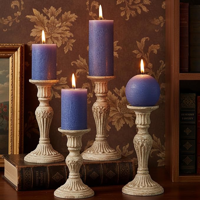 Dark Blue Rustic Textured Pillar Candles Set - 4 Pcs Assorted Sizes Unscented Pillar Candle, Decorative Farmhouse Candles for Home Centerpiece Decor, Holiday Dinner Table, Dripless & Smokeless