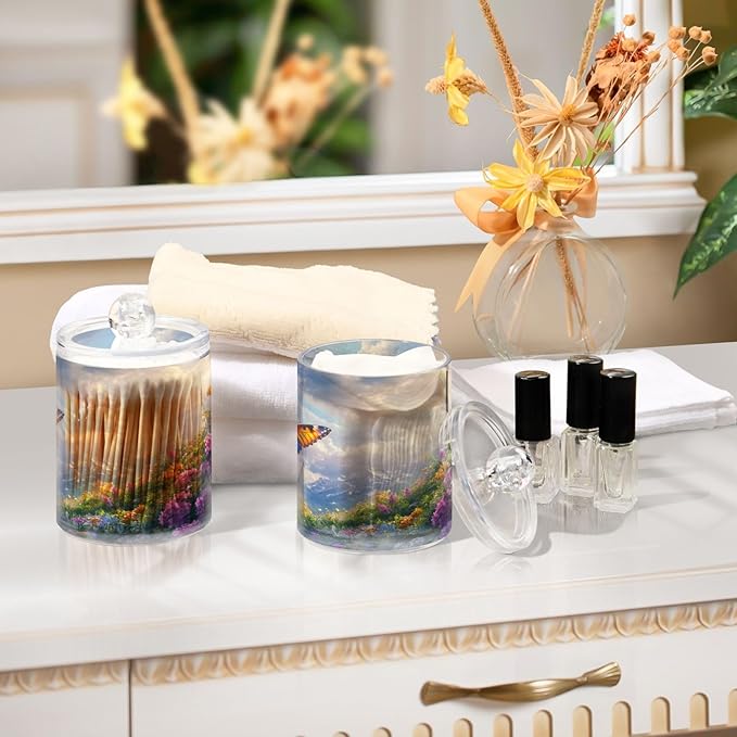 Nander 4Pack Beautiful Spring Wildflowers and Butterflies Qtip Holder Dispenser -Clear Plastic Apothecary Jars Set - Restroom Bathroom Makeup Organizers Containers for Cotton Swab, Ball, Pads, Floss