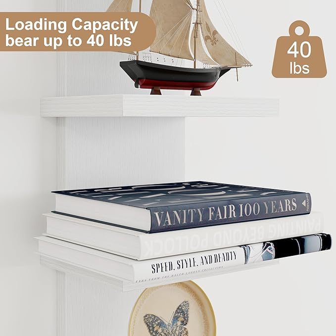 Fun Memories 5 Tier Wall Shelf Unit, White Floating Shelves for Storage - Vertical Column Tower Design, Lack Wall Shelf Space Saving Organizer for Bedroom, Living Room, Home Decor