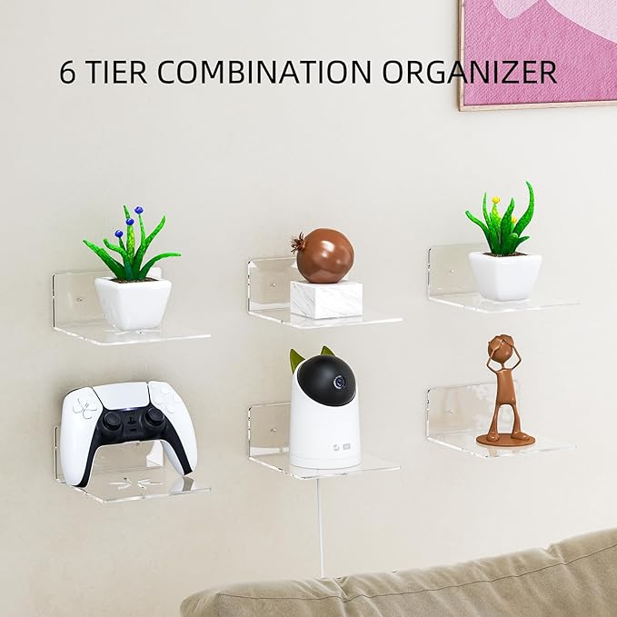 Acrylic Wall Shelves,Clear 6 inch Floating Shelves for Display,Echo,Cameras,Speaker,Router Wall Mounted Transparent Small Invisible Shelves with Adhesive Bedroom Bathroom Living Room