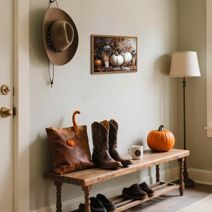 Framed Vintage Fall Pumpkin Canvas Wall Art, Rustic Farmhouse Autumn Paintings Wall Decor, Thanksgiving Pumpkins Pictures Prints Aesthetic Home Decor for Living Room Kitchen Office 16×24 inch