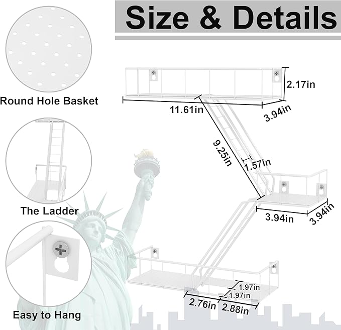Fire Escape Shelf - 3 Tier Metal White Fire Escape Wall Shelves with Baskets, New York Action Figurine Display Shelf, Unique Rustic Floating Decorative Wall Shelves for Any Room