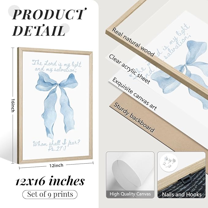Light Blue Christian Wall Art Coquette Bible Verse Canvas Wall Decor Preppy Trendy Floral Poster Aesthetic Christian Bow Picture Religious Scripture Prints for Girls Dorm Bedroom 12x16x9 Inch Framed