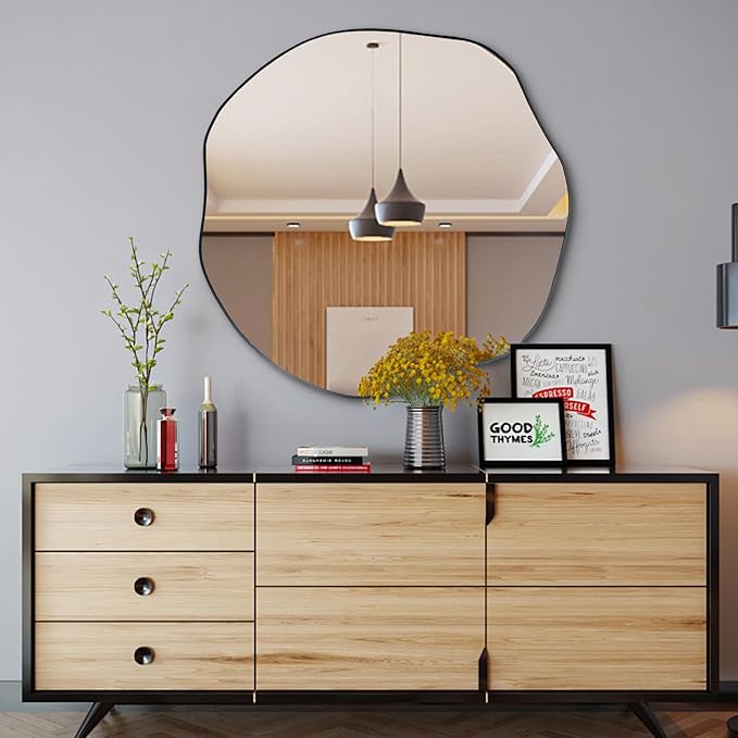 POZINO Irregular Mirror, 35" Large Asymmetrical Circle Mirrors, Black Scalloped Rounded Mirror, Modern Frameless Abstract Mirrors for Living Room Bedroom Bathroom Entryway Hallway Fireplace