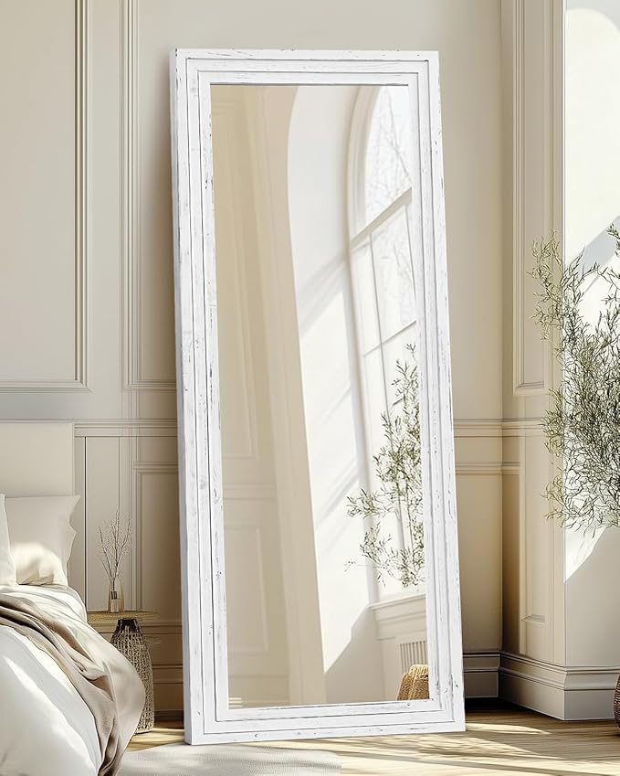 Full Length Mirror 65"x22" with Stand Solid Wood Frame Floor Large Mirror for Living Room, Bedroom Hanging Standing or Leaning Wall-Mounted, White