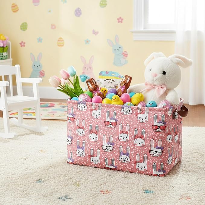Large Rectangular Cute Kid Easter Basket Empty Bunny Eggs Easter Basket Gift Spring Room Storage Organizer Décor (E-13)