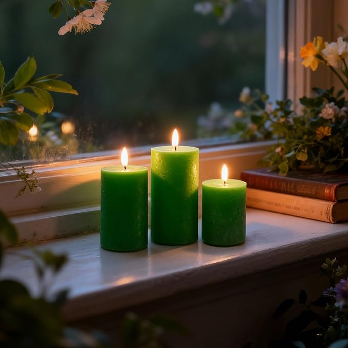 LUSHARBOR LUSHABOR Green Flameless Candles, Battery Operated Candles for St. Patrick’s Day, Real Wax LED Fake Candles for Spring Decor Party Centerpiece Green Set of 3