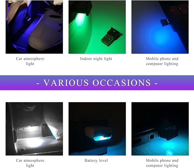 2 PCS USB Type C LED Ambient Light, 8 Colors RGB Car Interior Atmosphere Lamp, Plug-in USB Interface Mini LED Night Light, Portable Decoration Lighting Kit for Car Laptop