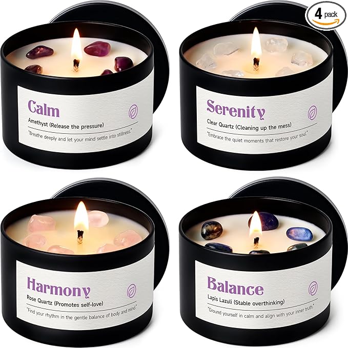 AOOVOO Crystal Soothing Candles Set for Women - 4 Pack 26 oz Soy Wax Candle for Home Scented, 200 Hour Long Lasting Candle, Calm Amethyst/Serenity Clear Quartz/Harmony Rose Quartz/Balance Lapis Lazuli