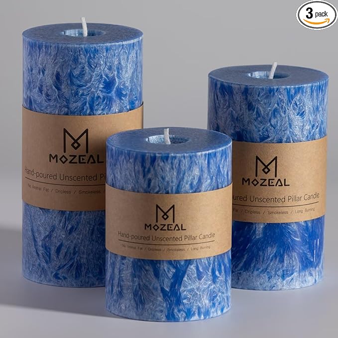 MOZEAL Hand-Poured, Unscented Blue Crystal Pillar Decorative Candles, Elegant Set of 3 in Different Sizes (3"x4", 3"x5", 3"x6"), Luxurious Décor for Homes & Events