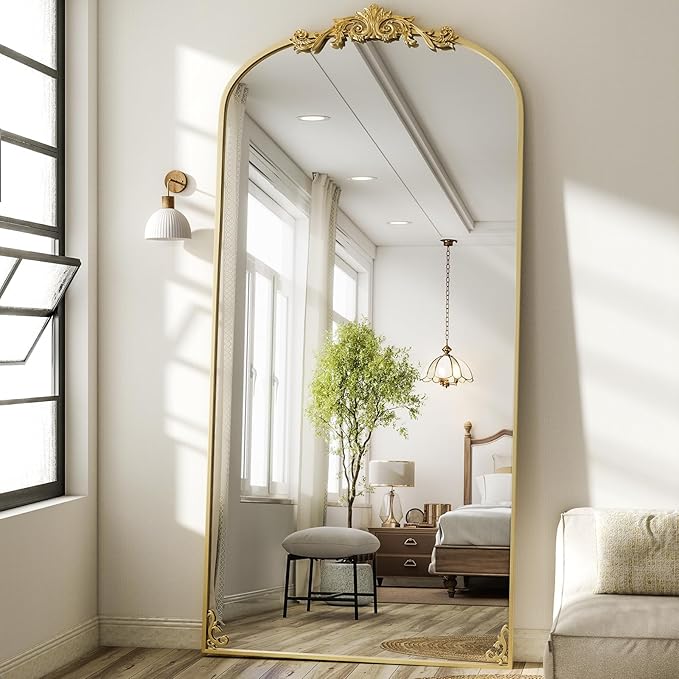GLSLAND 77"x 38" Vintage Full Length Mirror - Large Carved Floor Mirror with Metal Frame Baroque Arched Full Body Mirrors for Bathroom/Living Room/Entryway,Gold