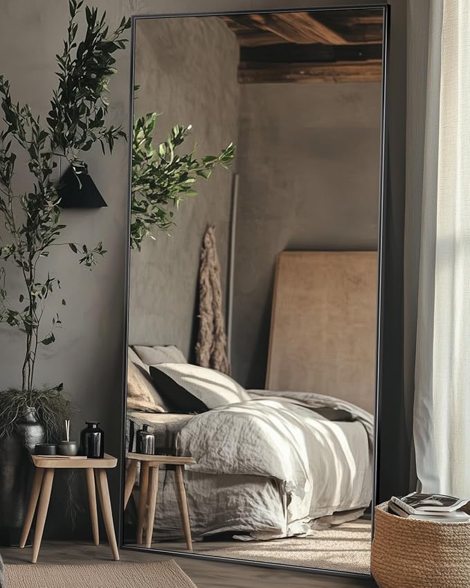 Antok Full Length Mirror, 78"x38" Floor Mirror with Stand, Hanging Mounted Mirrors for Bedroom, Living Room, Cloakroom, Dining Room, Black, Rect